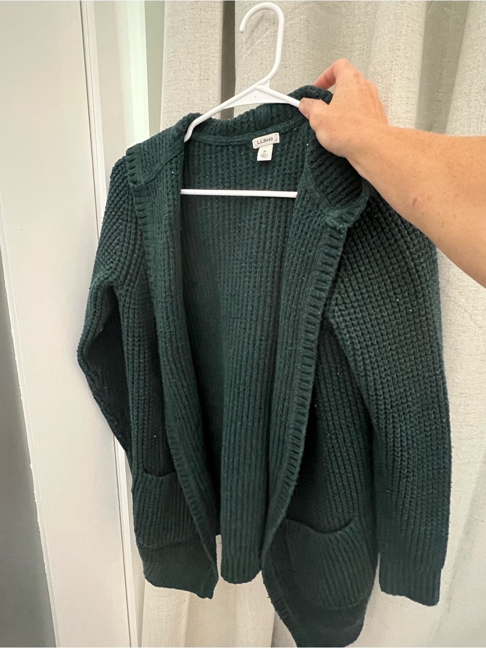 L.L.Bean Women’s Medium Green Hooded Cardigan Chunky Waffle Knit Sweater - Picture 4 of 4